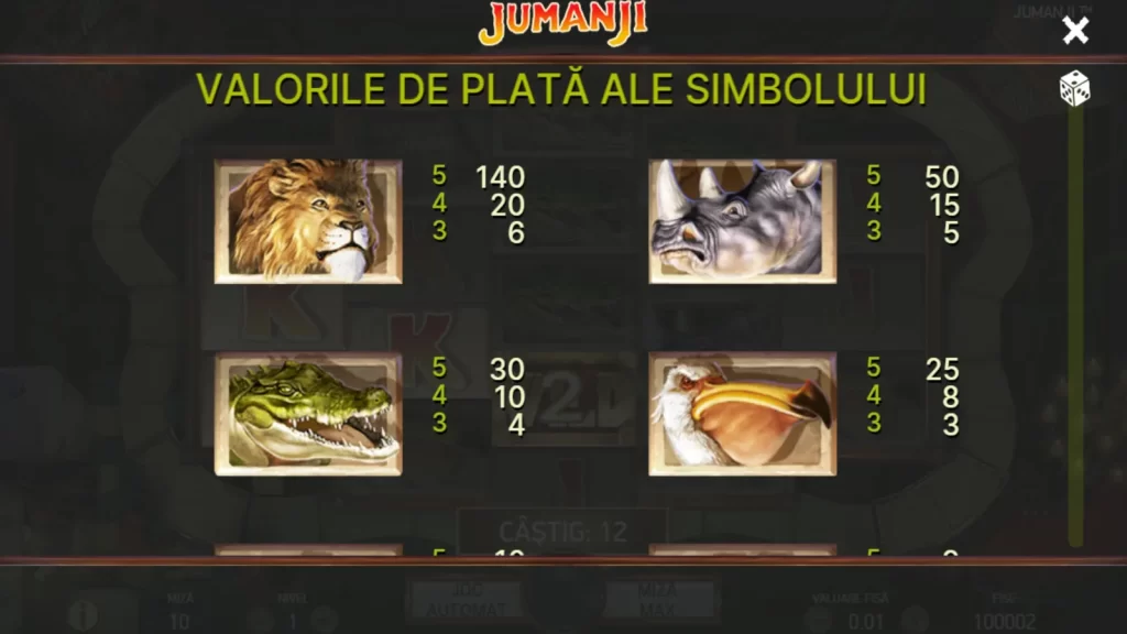 Jumanji Gratis Tabel de plati