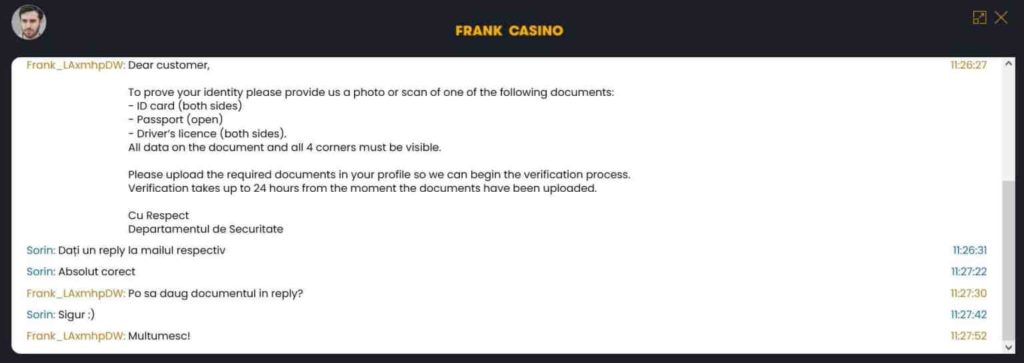 verificare cont Frank Casino