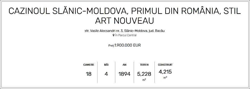 Cât costă Cazinoul Regal din Slănic-Moldova?