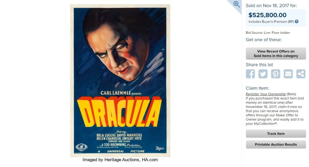 Preț record pentru un afiș original cu filmul Dracula
