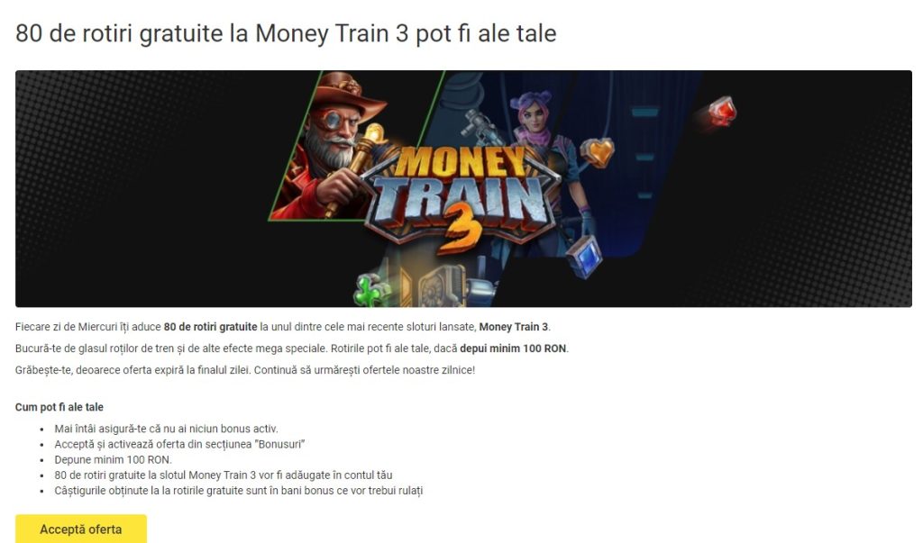80 rotiri gratuite money train 3