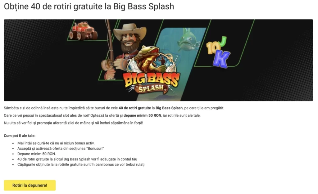 50 rotiri gratuite la Big Bass Splash