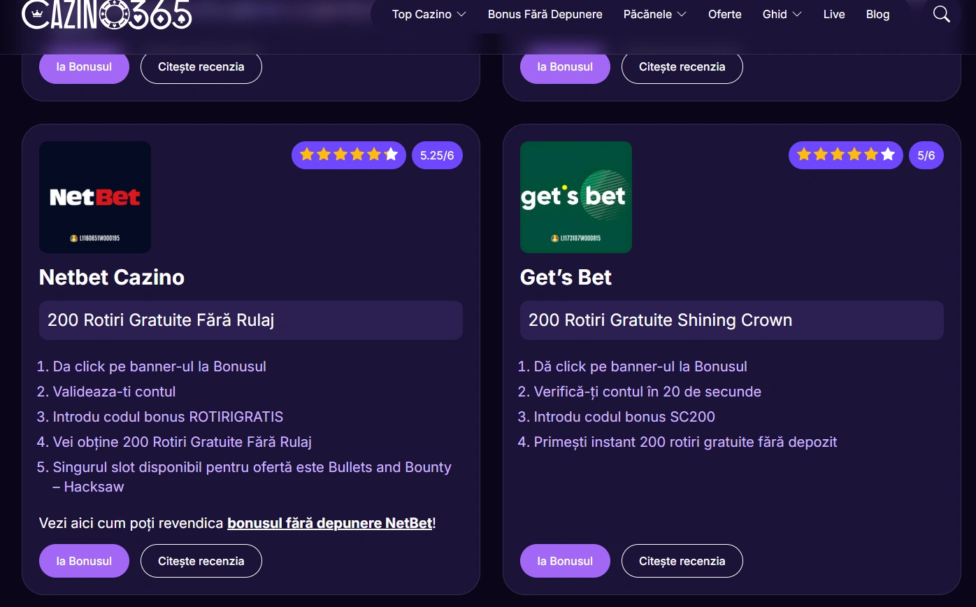 bonus fara depunere gets bet cazino365