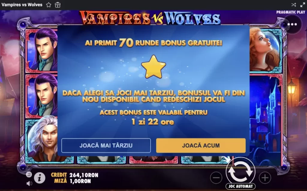 70 rotiri gratuite la vampires vs wolves