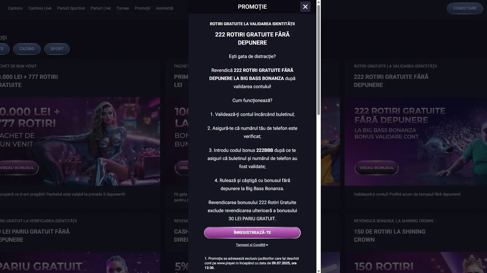 player bonus 222 rotiri gratuite fara depunere