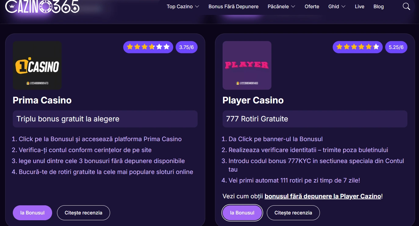 player bonus fara depunere cazino365