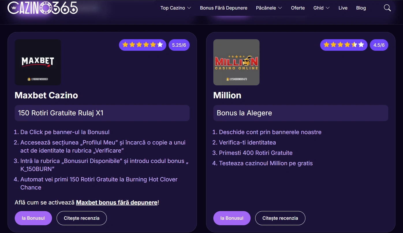 million bonus fara depunere cazino365