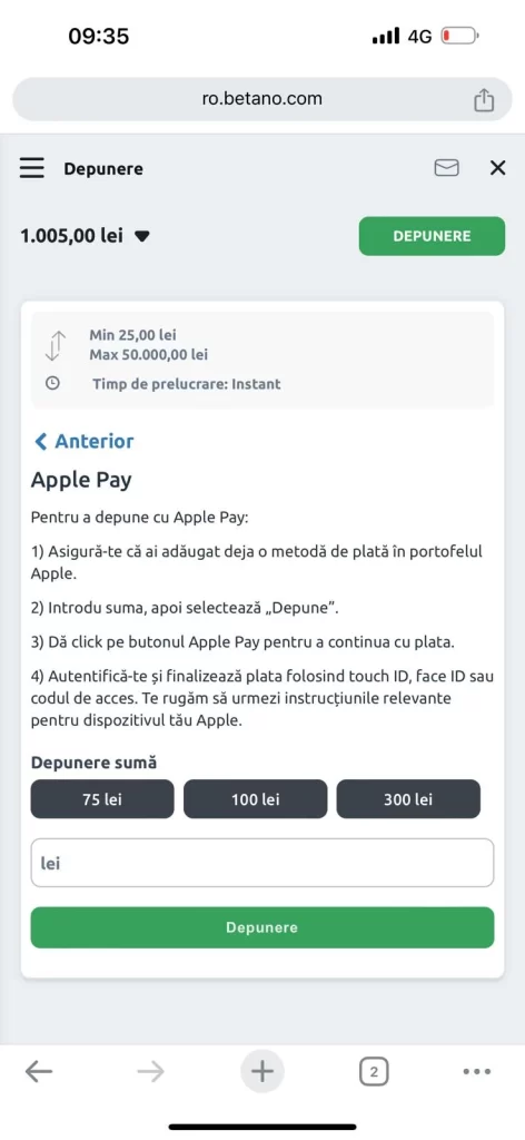 depunere cu apple pay