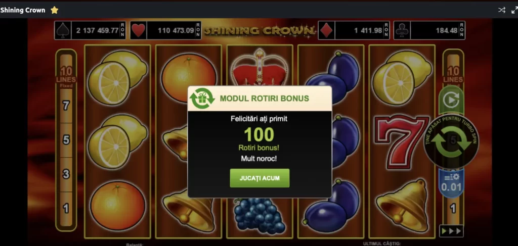 100 rotiri gratuite shining crown