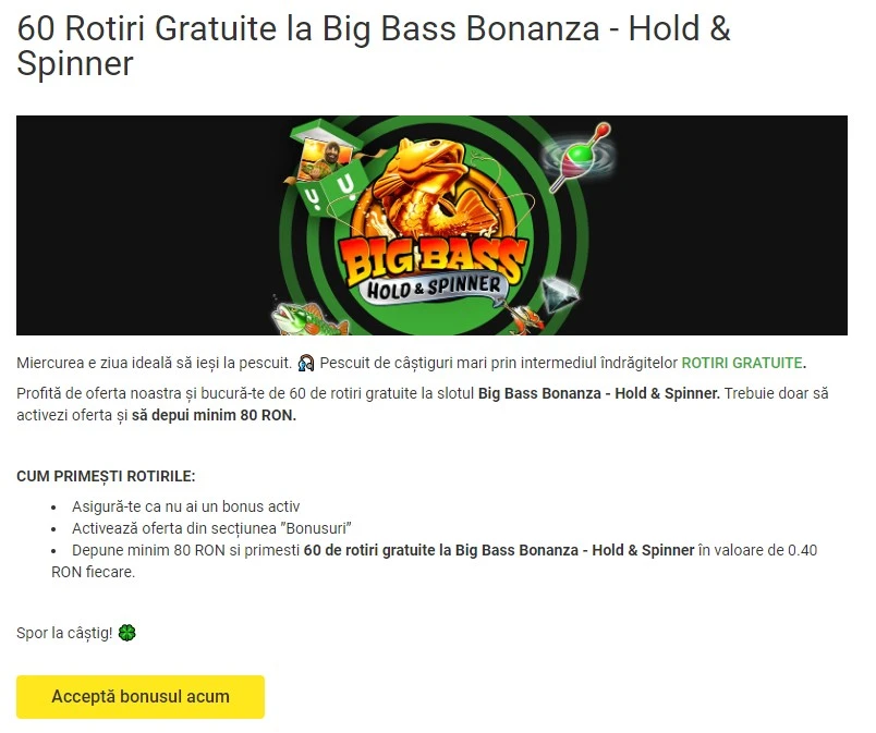 60 Rotiri Gratuite la Big Bass Bonanza