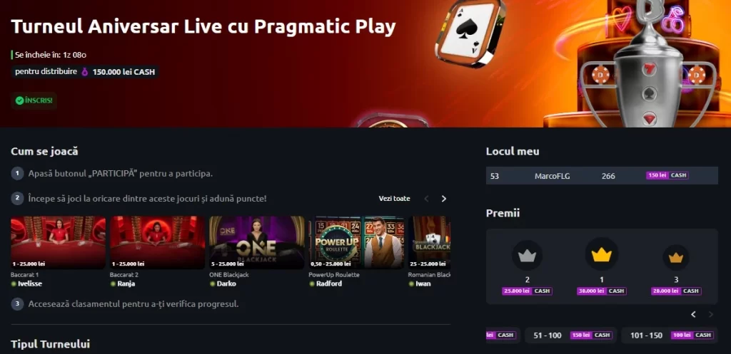 turneu blackjack premii cash