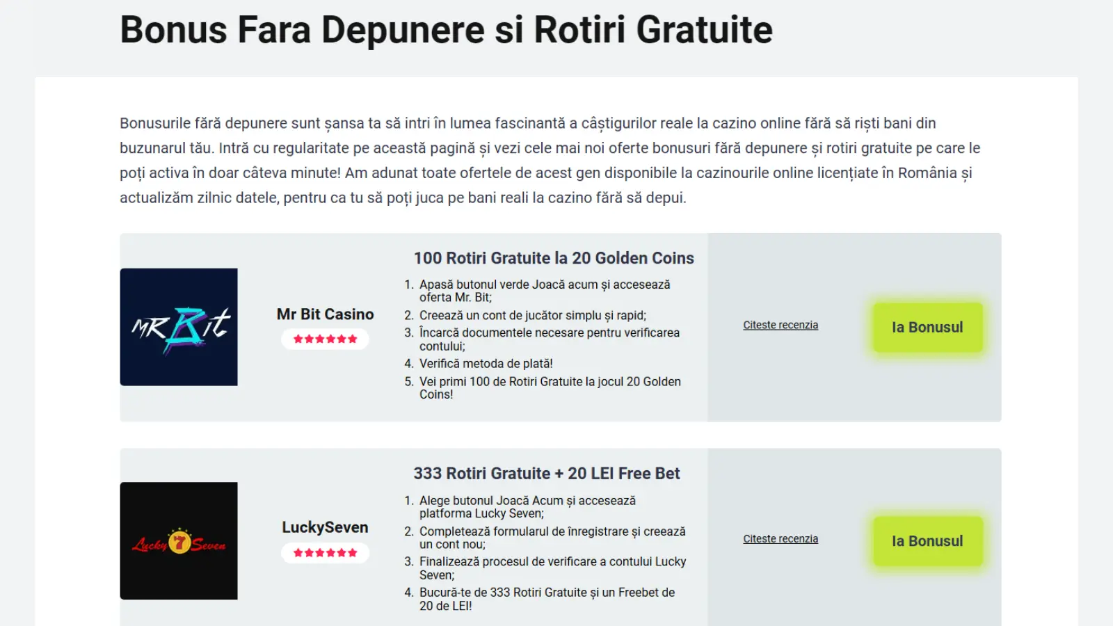 Secțiunea Bonus fără depunere și rotiri gratuite