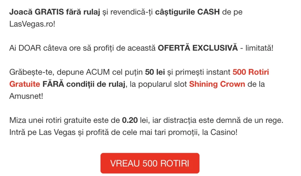 Oferta Las Vegas 500 rotiri gratuite fără rulaj