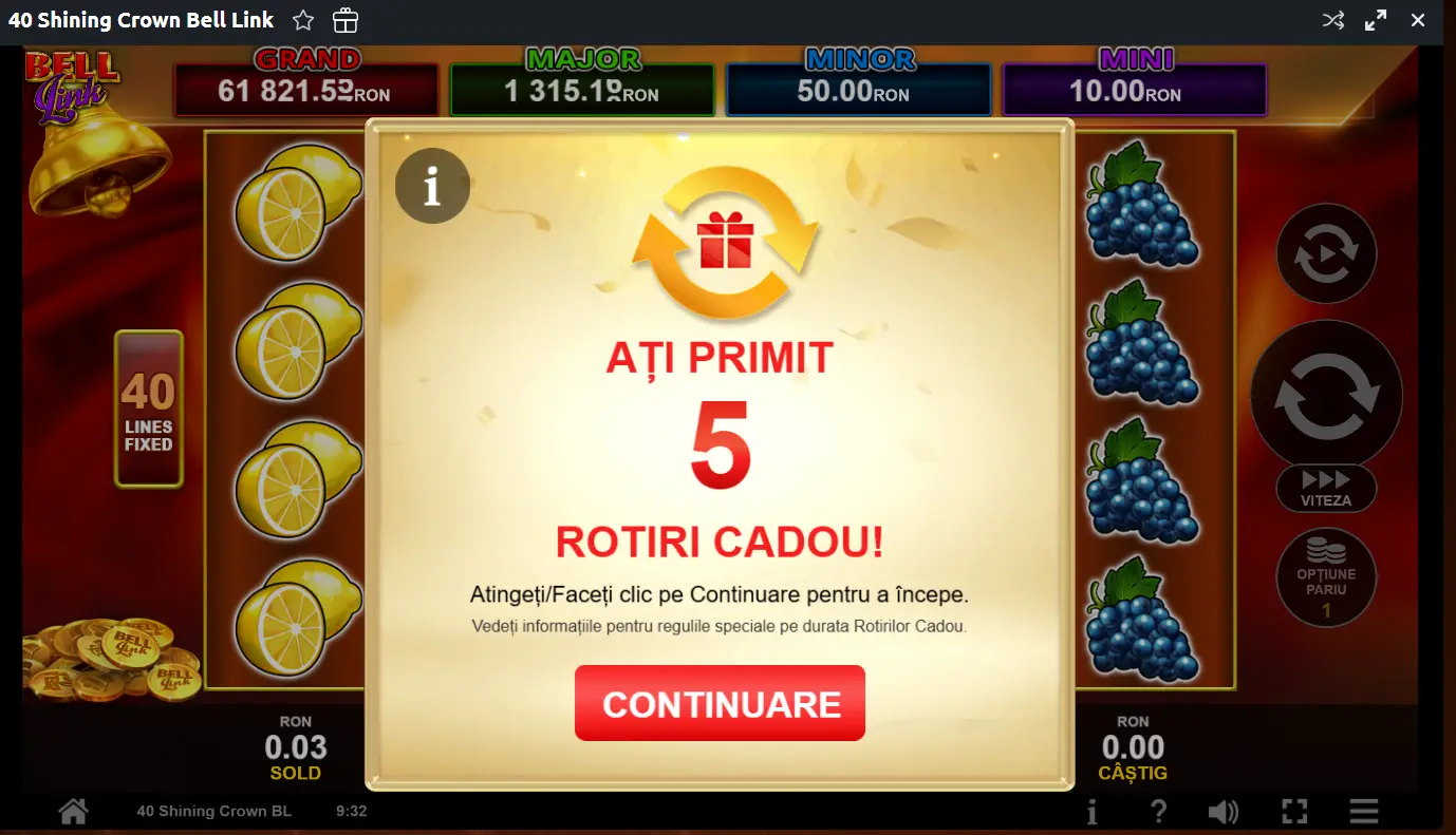 5 Rotiri Fara Depunere pe miza de 1 RON la Betano