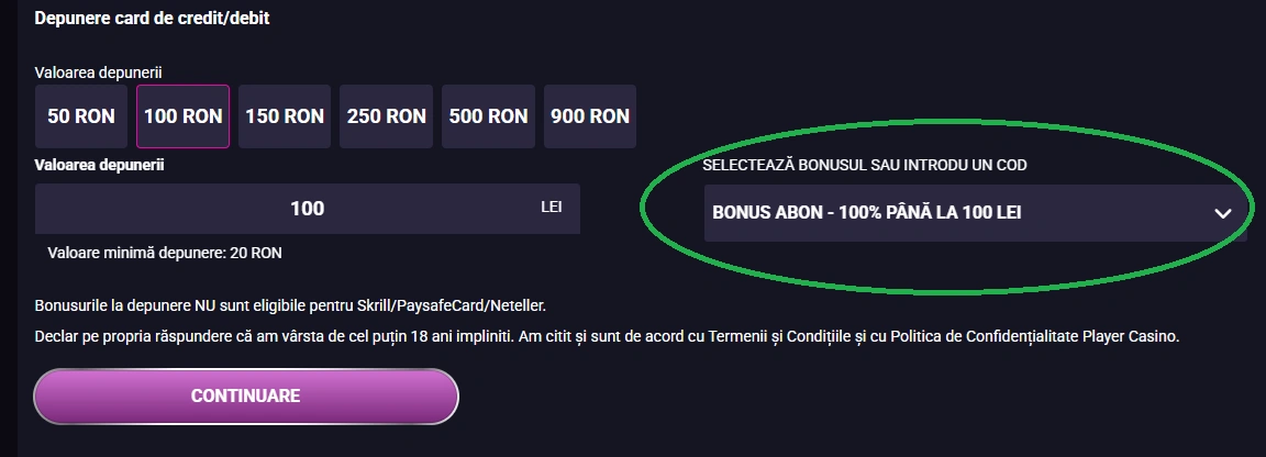 Bonus la depunere pana la 100 RON la Player