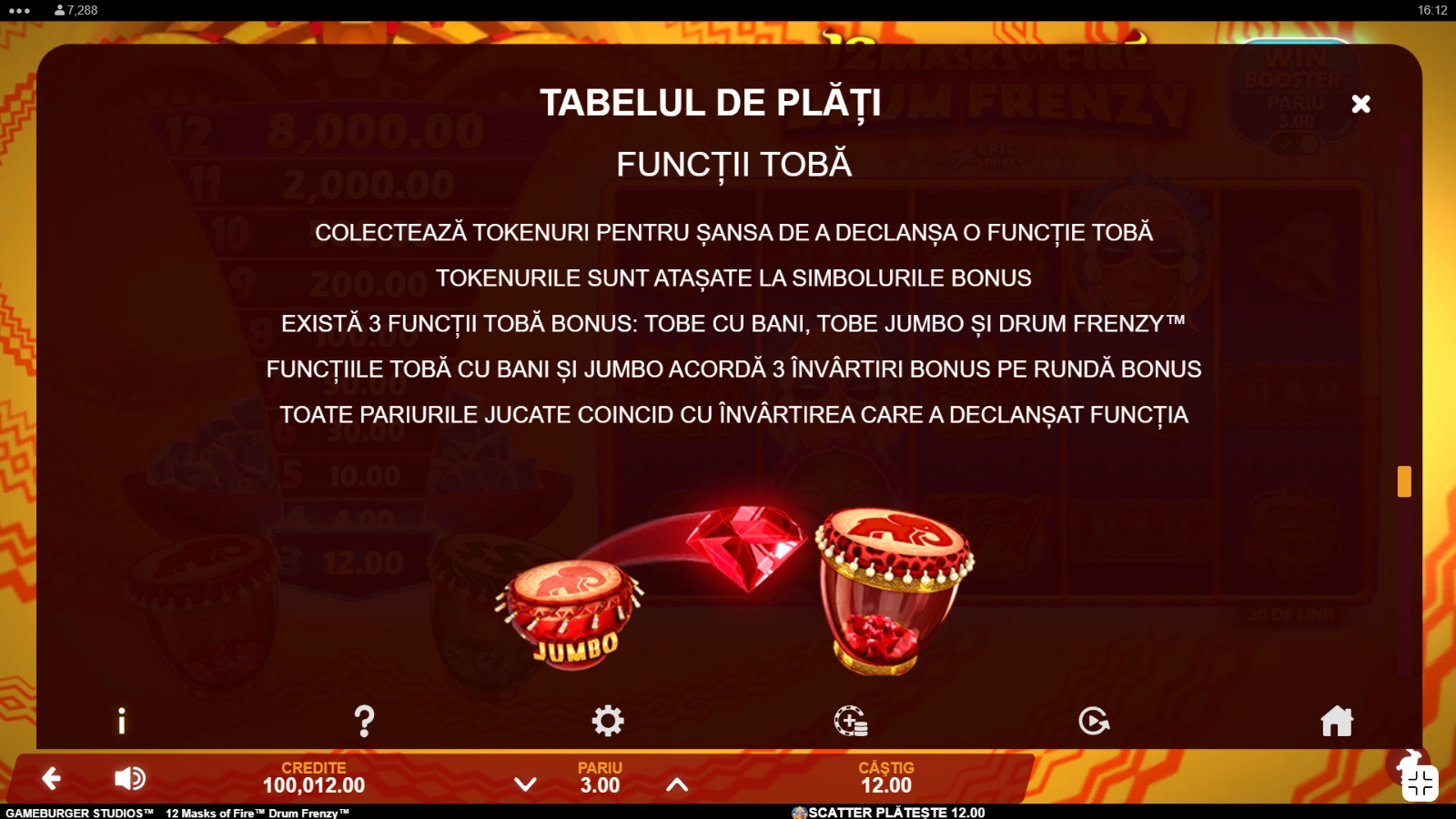 12 Mask Of Fire Drum Frenzy functii speciale