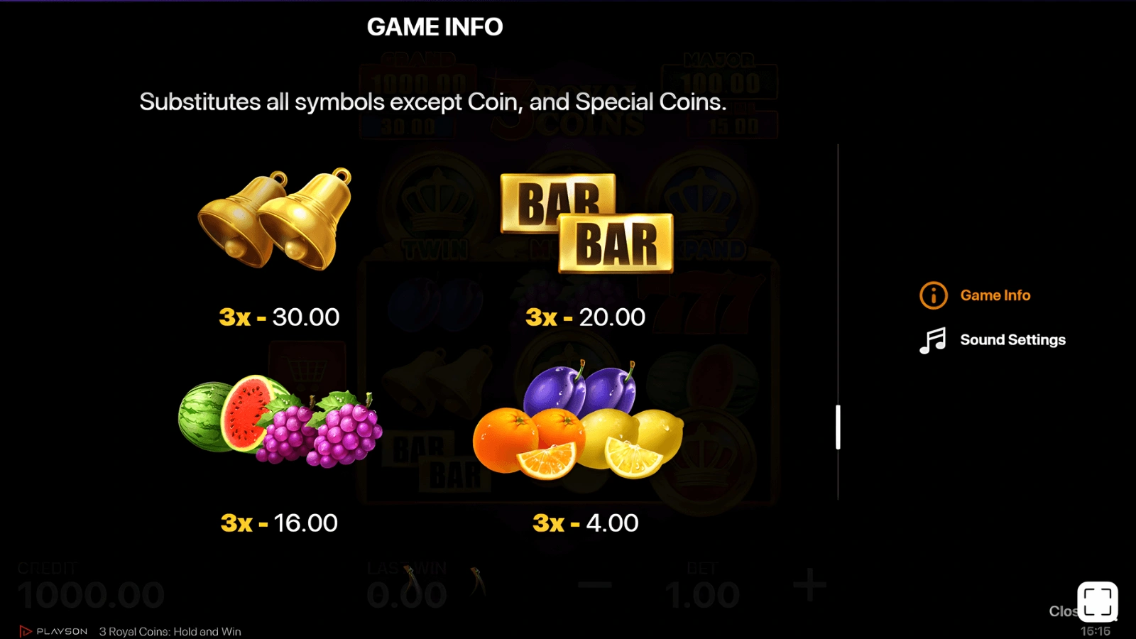 3 Royal Coins Hold and Win simboluri