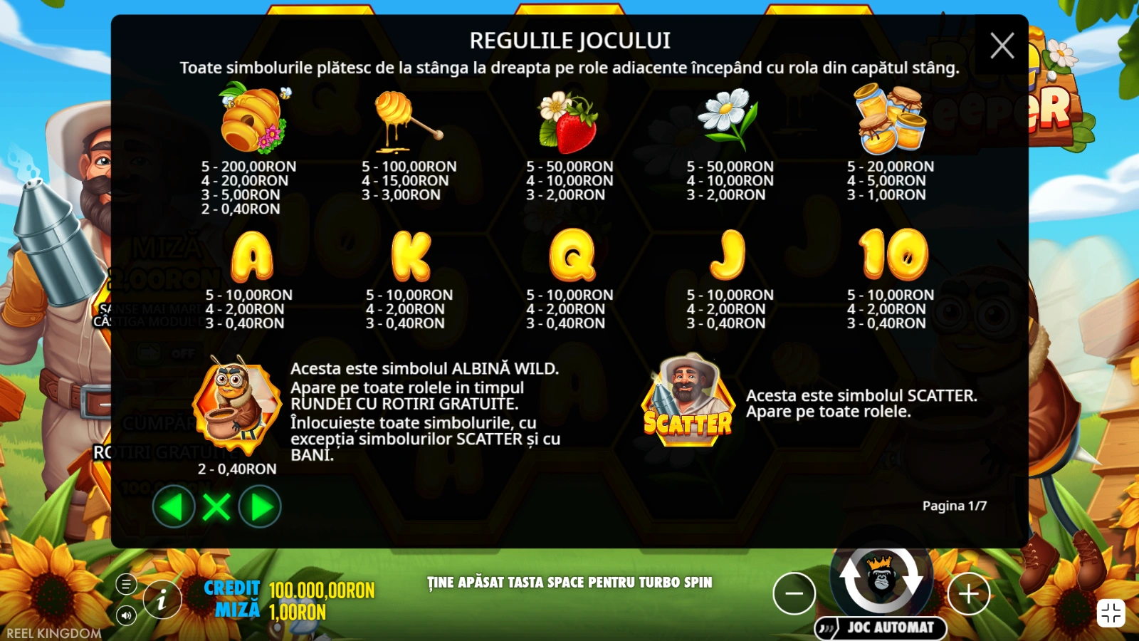 Bee Keeper simboluri si tabel de plata