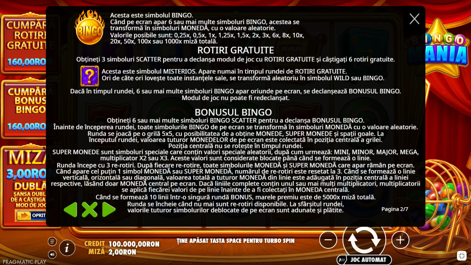 Caracteristici bonus Bingo Mania