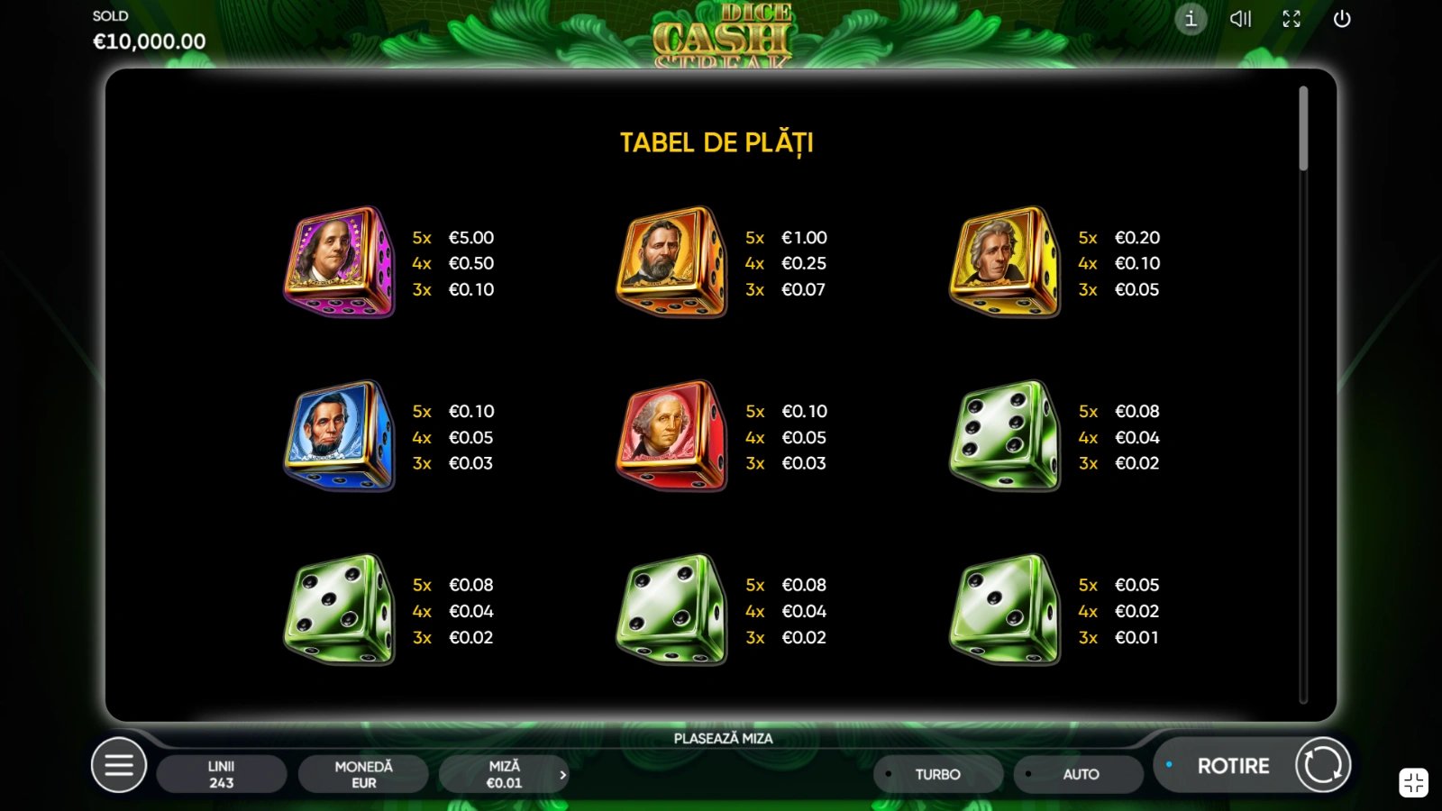 Cash Streak Dice Simboluri