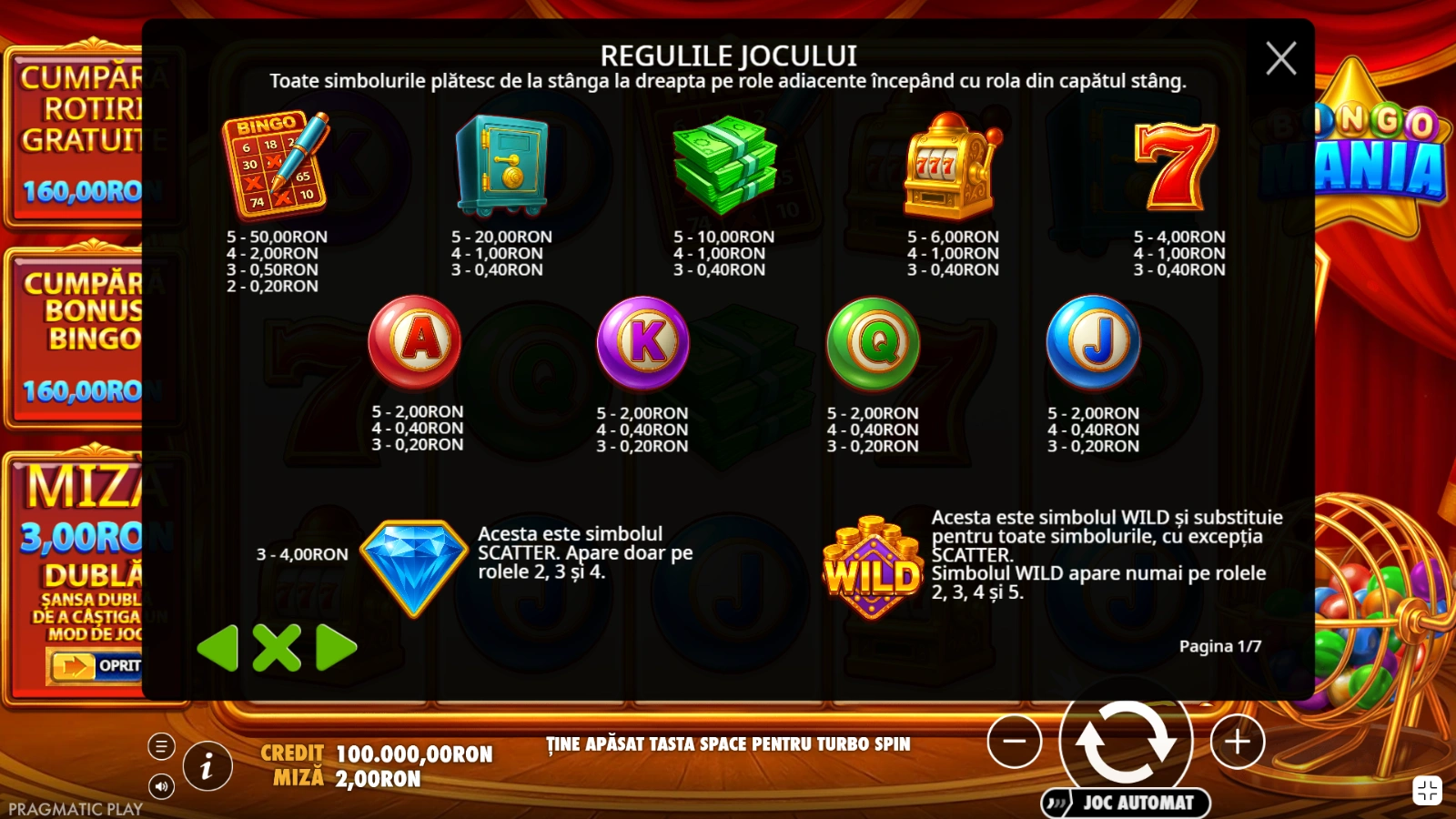 Simboluri si castiguri Bingo Mania