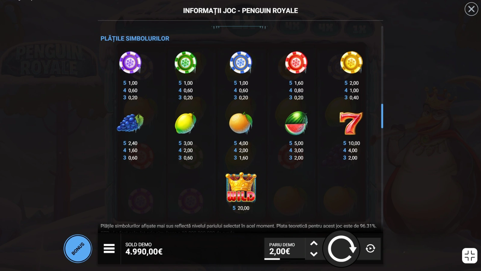 Tabelul de plăți și simboluri Penguin Royale