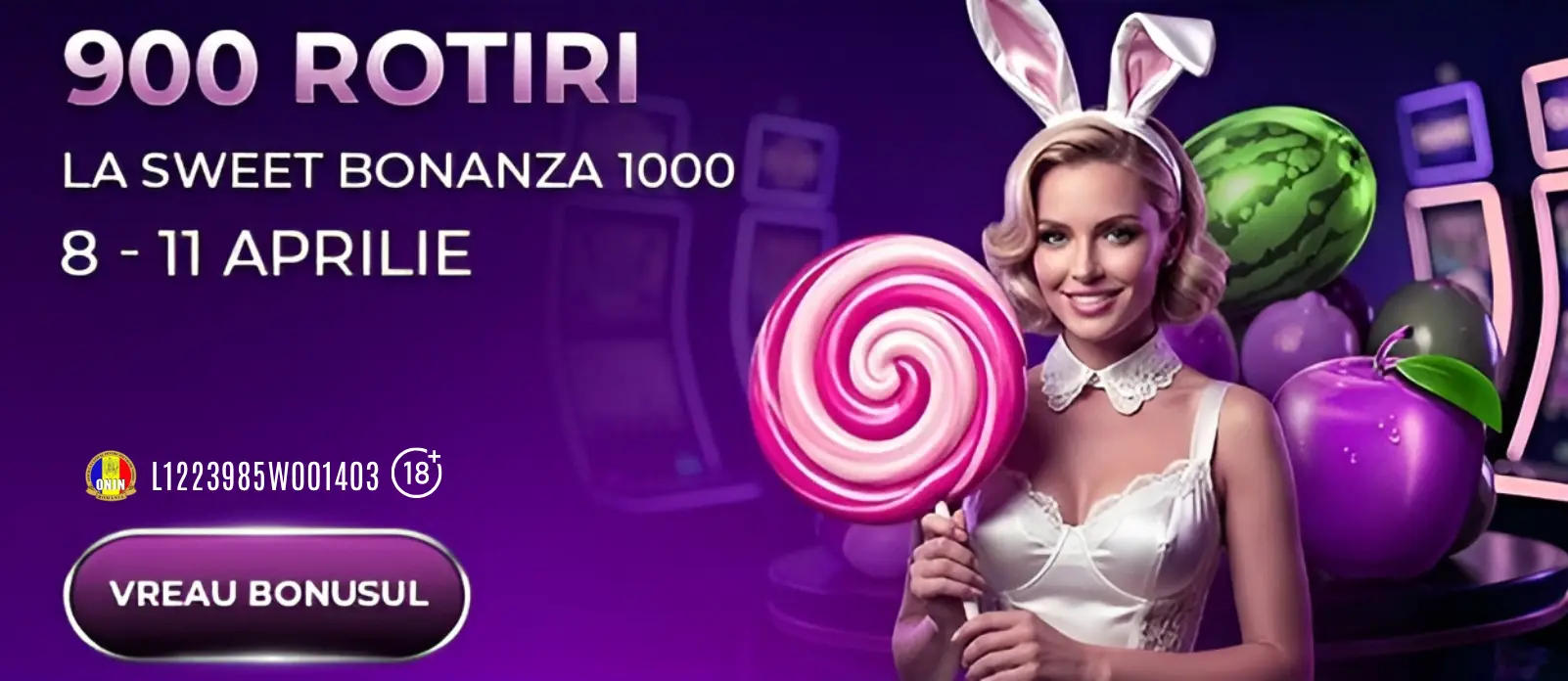Pana pe 11 aprilie, la Player ai zilnic 225 Rotiri Gratuite Sweet Bonanza 1000